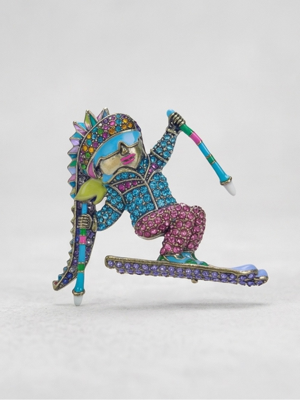 Heidi Daus Colorful Ski Jumper Brooch with Turquoise, Pink & Purple Crystals